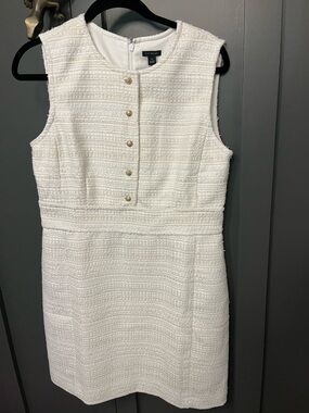 Ann Taylor White Sleeveless Tweed Mini Dress with Gold Buttons